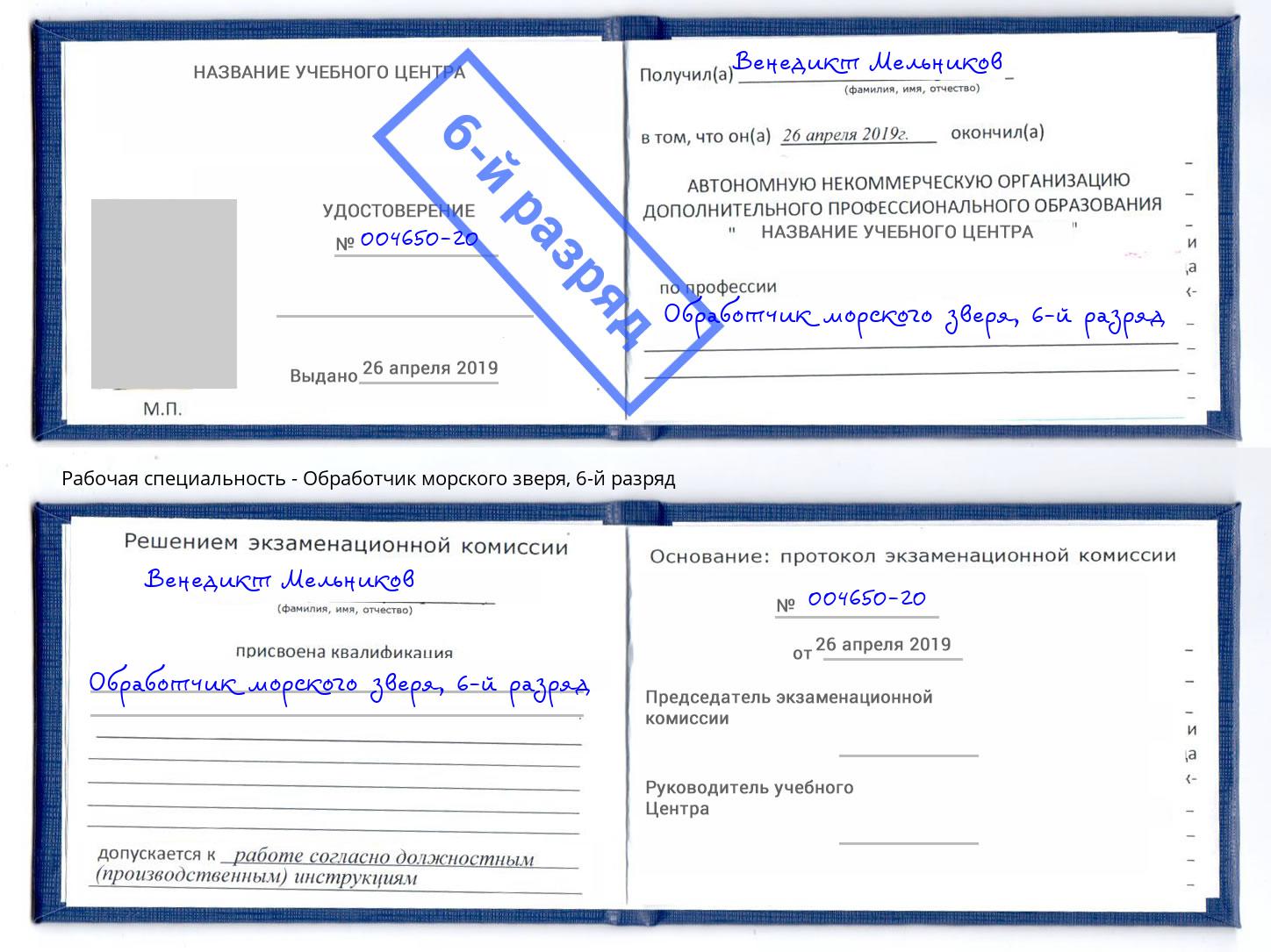 корочка 6-й разряд Обработчик морского зверя Чита