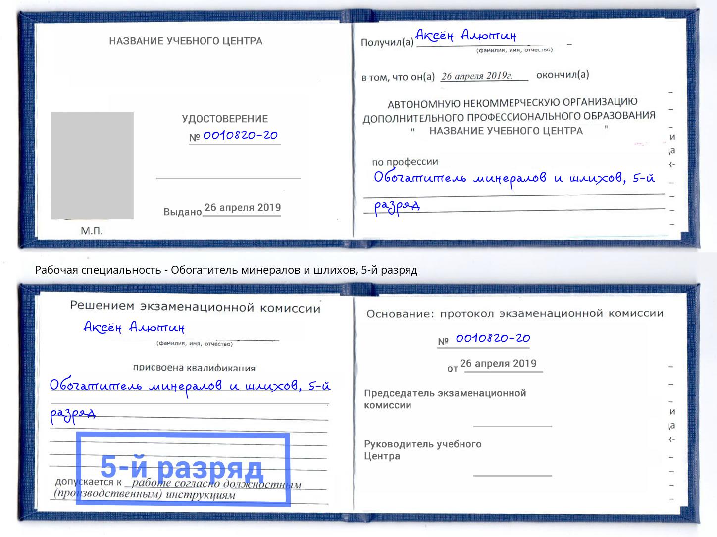 корочка 5-й разряд Обогатитель минералов и шлихов Чита