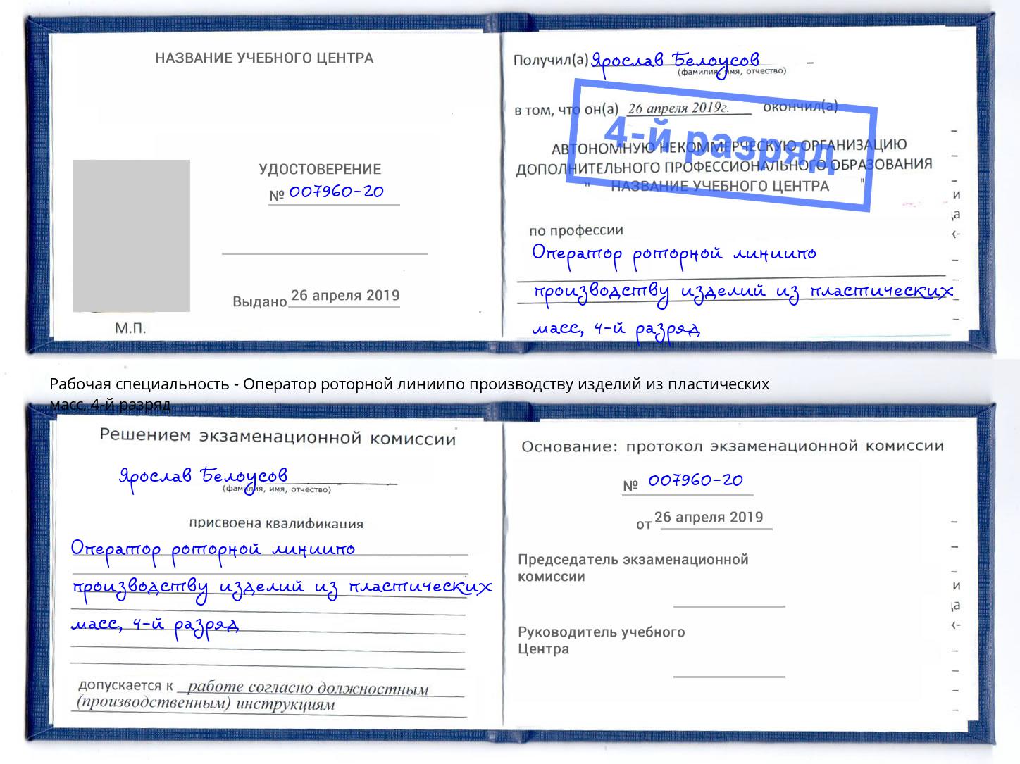 корочка 4-й разряд Оператор роторной линиипо производству изделий из пластических масс Чита