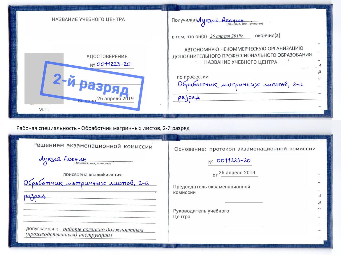 корочка 2-й разряд Обработчик матричных листов Чита
