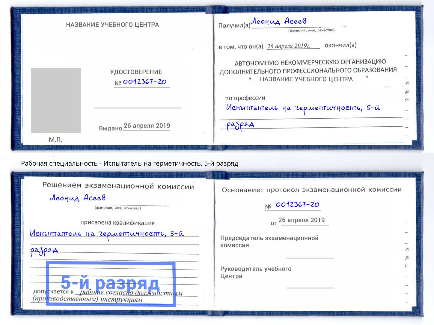 корочка 5-й разряд Испытатель на герметичность Чита
