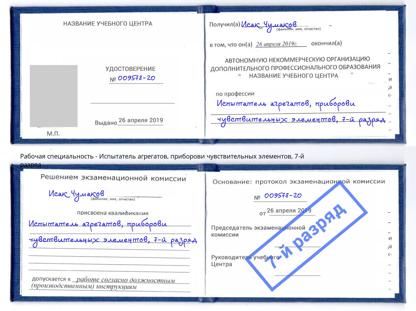 корочка 7-й разряд Испытатель агрегатов, приборови чувствительных элементов Чита